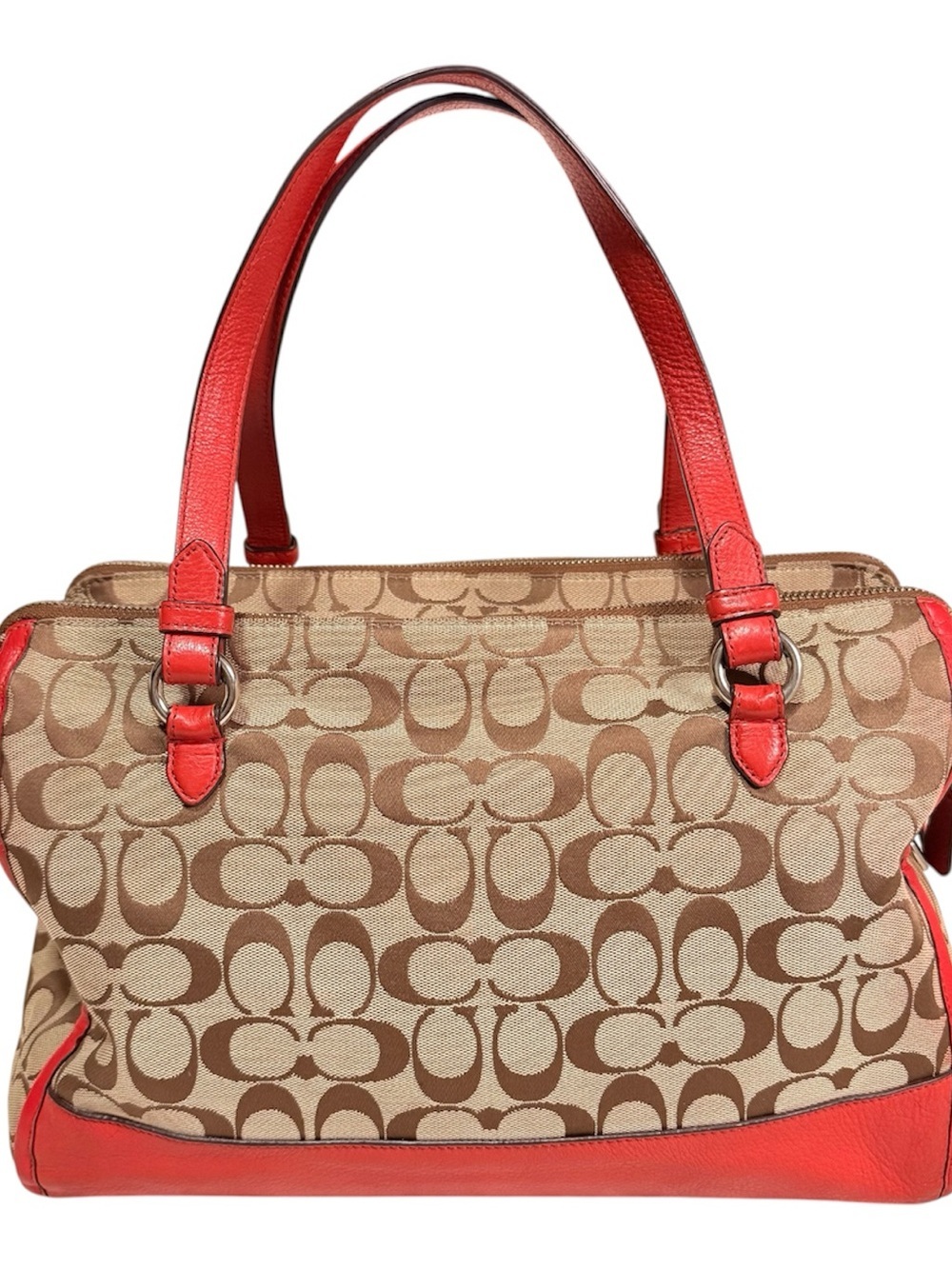 Coach Beige Signature Canvas Satchel with Red Leather Trim - Picture 3 of 16